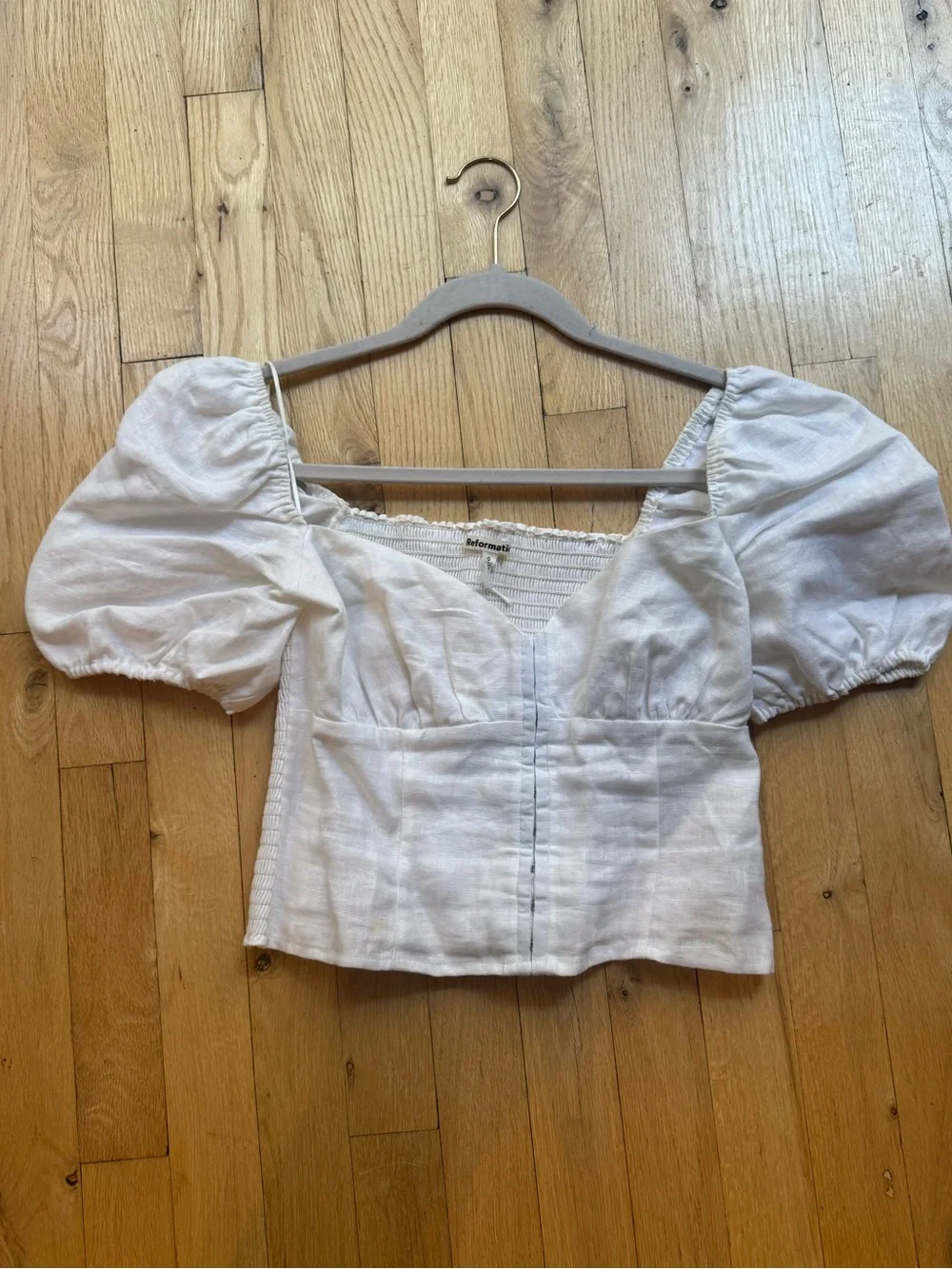 Reformation White Puff Sleeve Square-Neck Crop Blouse